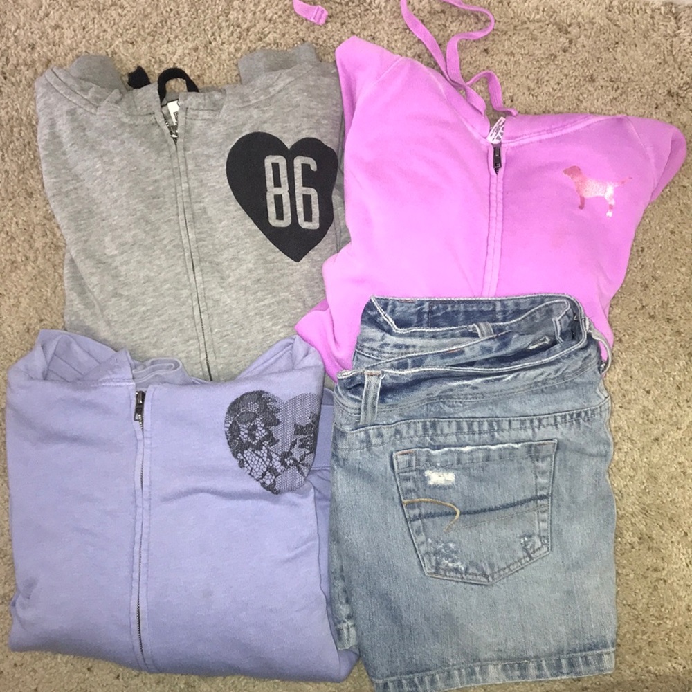 3 Victoria’s Secret Hoodies + AE skirt